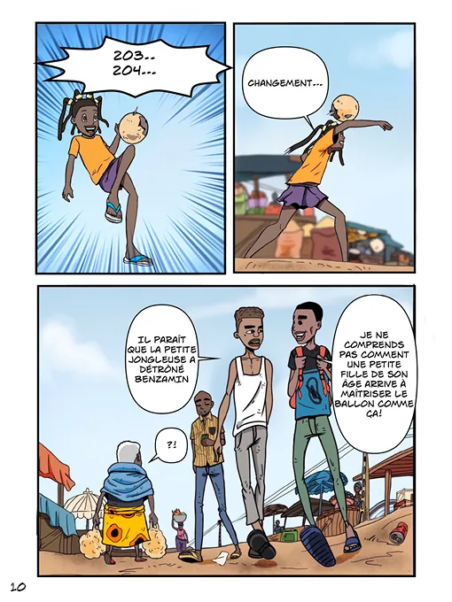 Planche de la bande dessinée : Mariam jongle en comptant « 203, 204 », et les habitants du quartier s'étonnent qu'une petite fille maîtrise ainsi le ballon