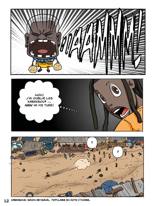 Planche de la bande dessinée : Nan hurle depuis le marché, et Mariam réalise qu'elle a oublié les kabakrous