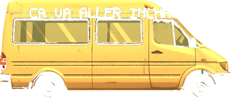 Le gbaka jaune du jeu, portant l'inscription « Ça va aller Inchallah »