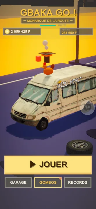 Gbaka Go : l'écran d'accueil avec le titre Monarque de la route, et les boutons Jouer, Garage, Gombos et Records