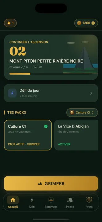 Défi Kilimandjaro — écran d'accueil et progression de l'ascension