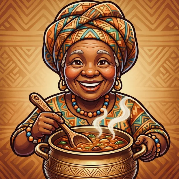 Mamie Cuisine : une grand-mère souriante en pagne, remuant son canari fumant à la cuillère de bois