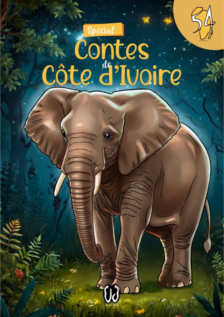 Couverture de « 54 Contes d'Afrique : Spécial Côte d'Ivoire » — un éléphant dans la forêt ivoirienne la nuit.